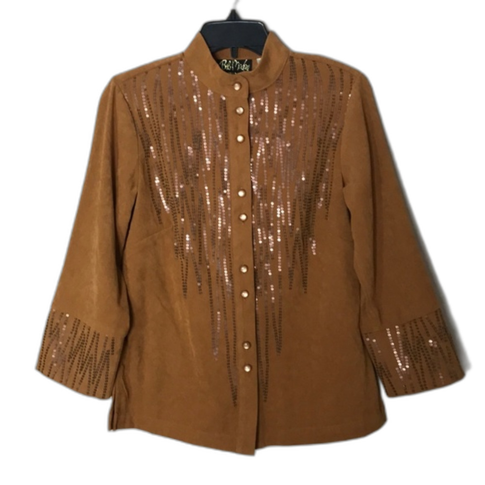 Bob Mackie Women's Sequin Faux Suede Button Front Blouse Tan Size S